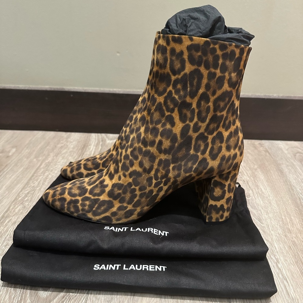 Saint Laurent Womens Lou Leopard Print Suede Ankle Boots Brown Size 8